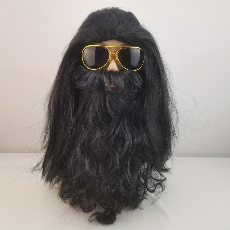 

3pcs/set Men's Wig And Beard Long Black Role-playing Halloween Wild Caveman Costume Wig (wig+beard+glasses)