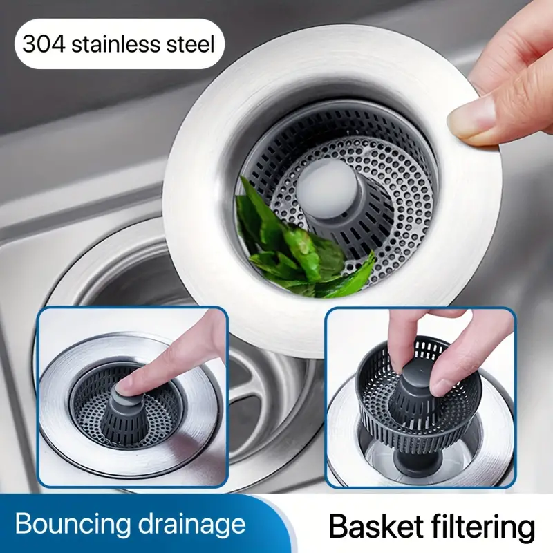 304 stainless steel kitchen sink bounce core odor proof water leakage plug filter screen drainage device vegetable washing basin universal basket accessories details 0