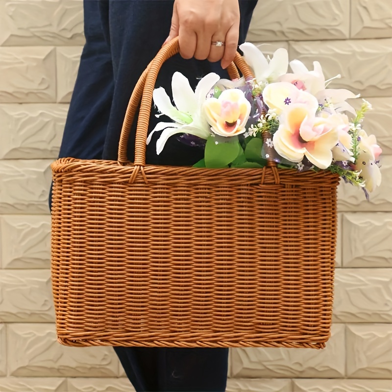 Small Round Natural Woodchip Wooden Decorative Storage Basket with Handle  Wood Chip Material Fruit Basket