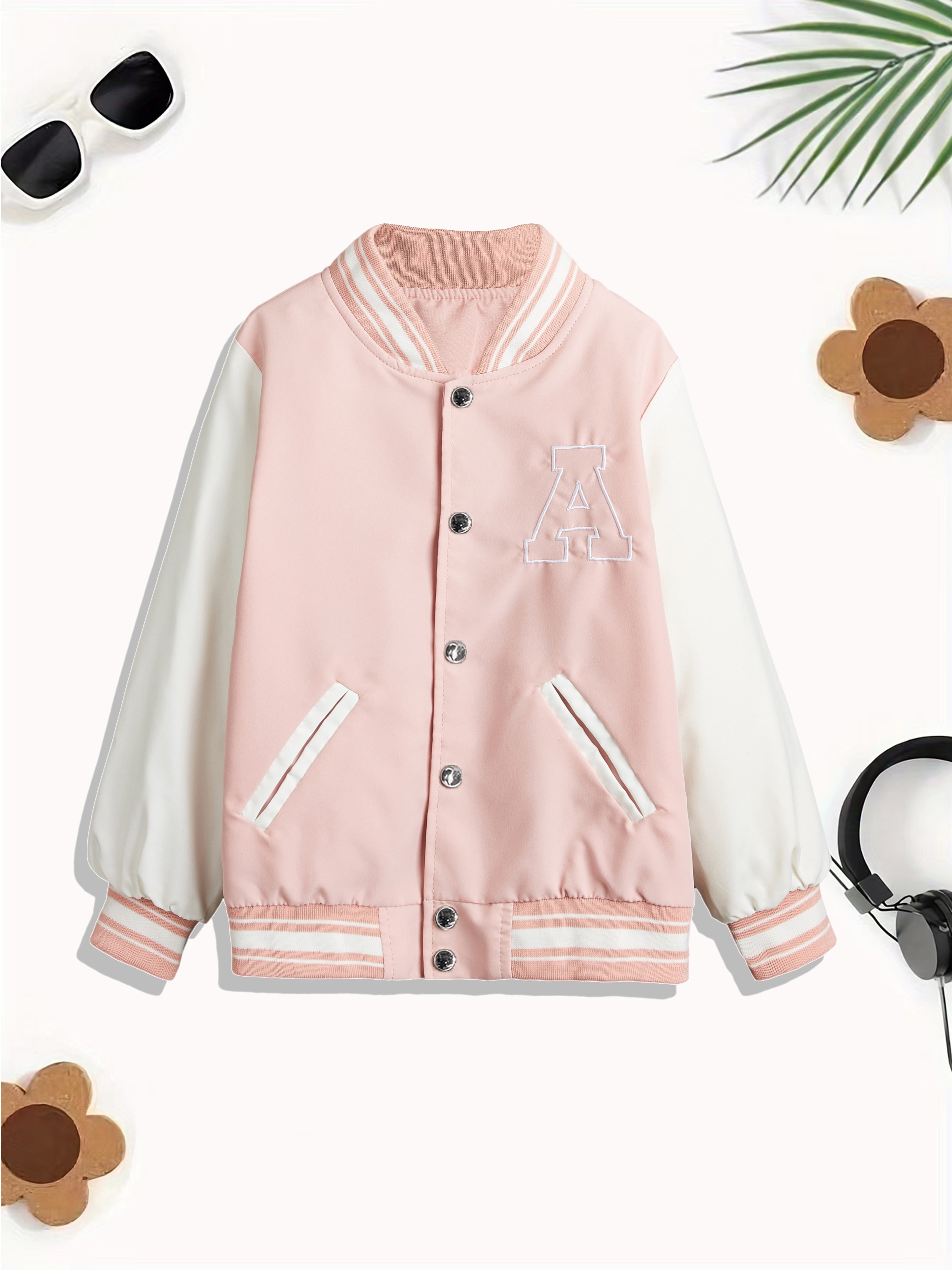 Toddler Girl's Color Block Button Casual Varsity Jacket, Kids Clothing For  Fall/ Spring