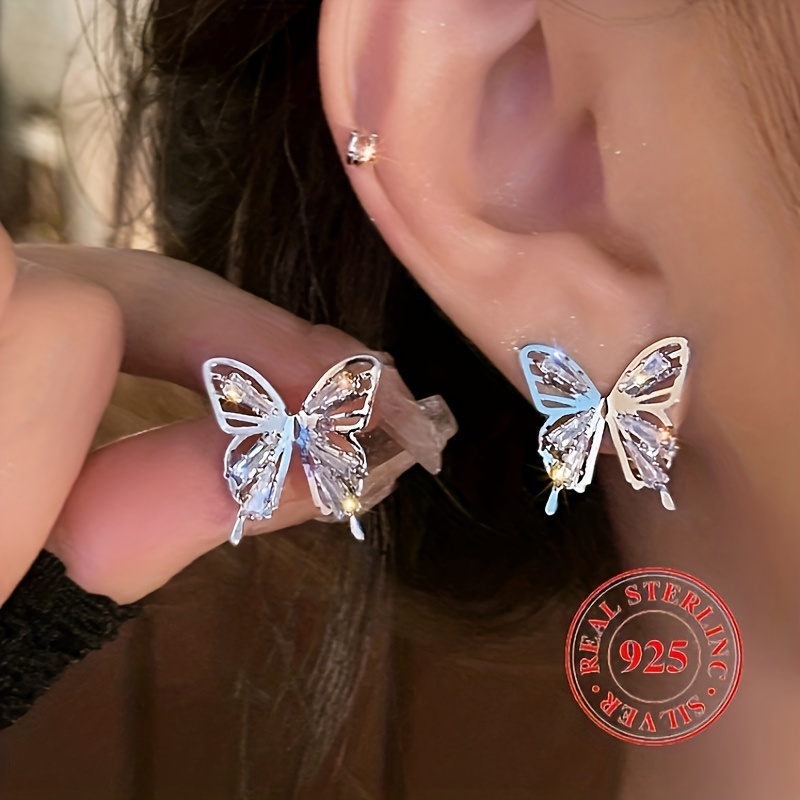 

Pretty Butterfly Shaped Stud Earrings 925 Sterling Silver Hypoallergenic Jewelry Zircon Inlaid Delicate Female Earrings