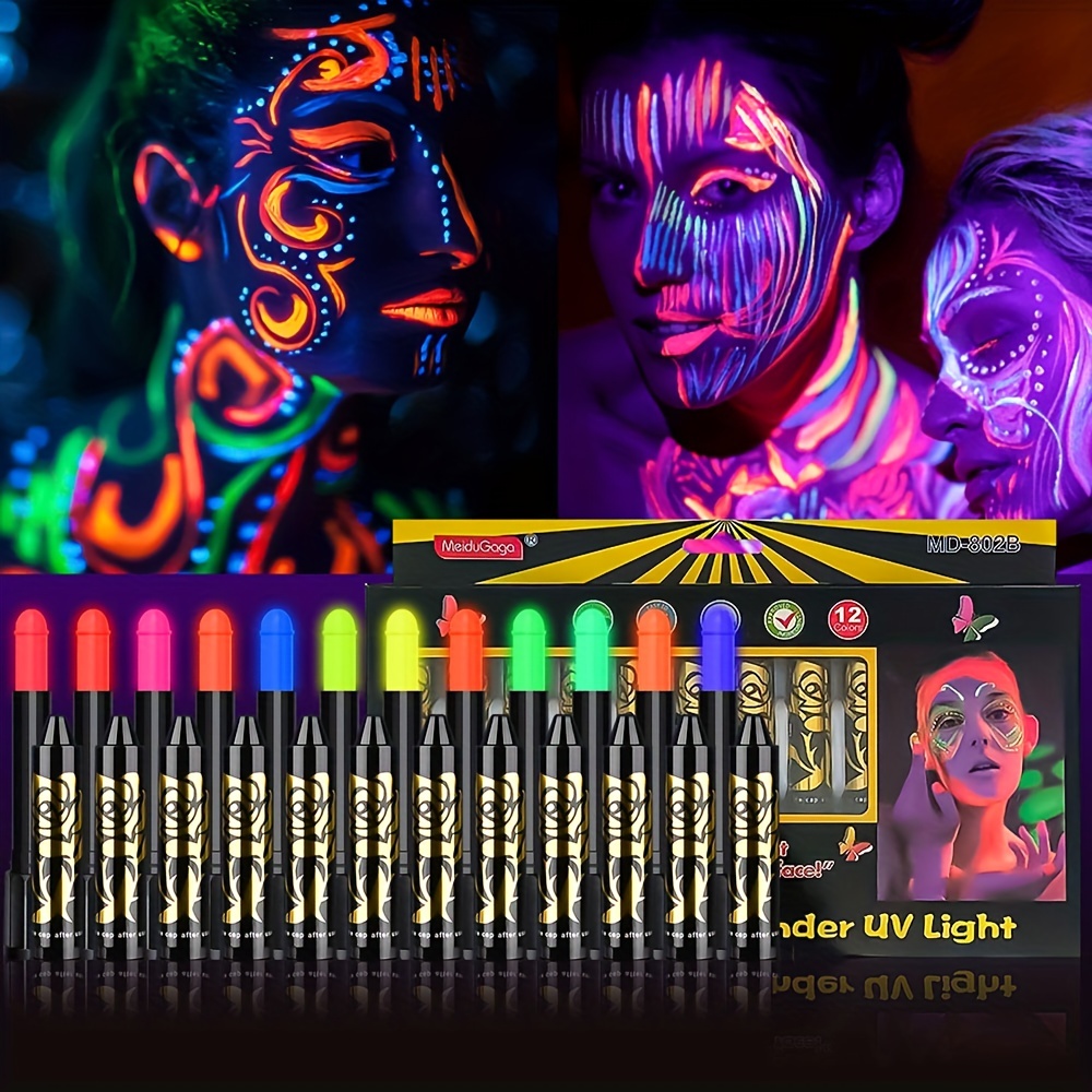 UV Face Paint Kit Neon Fluorescent Body Painting Water Based Black Lights  Glow Makeup for Kids Adults Halloween Party Supplies