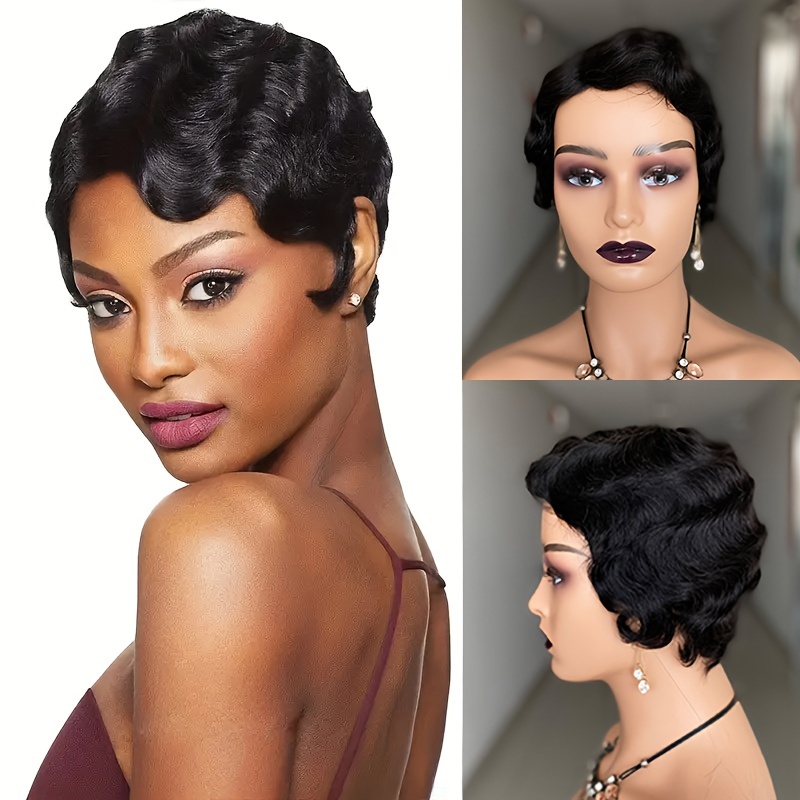 Short Pixie Cut Wigs Human Hair Water Wave Full Machine Made - Temu Canada