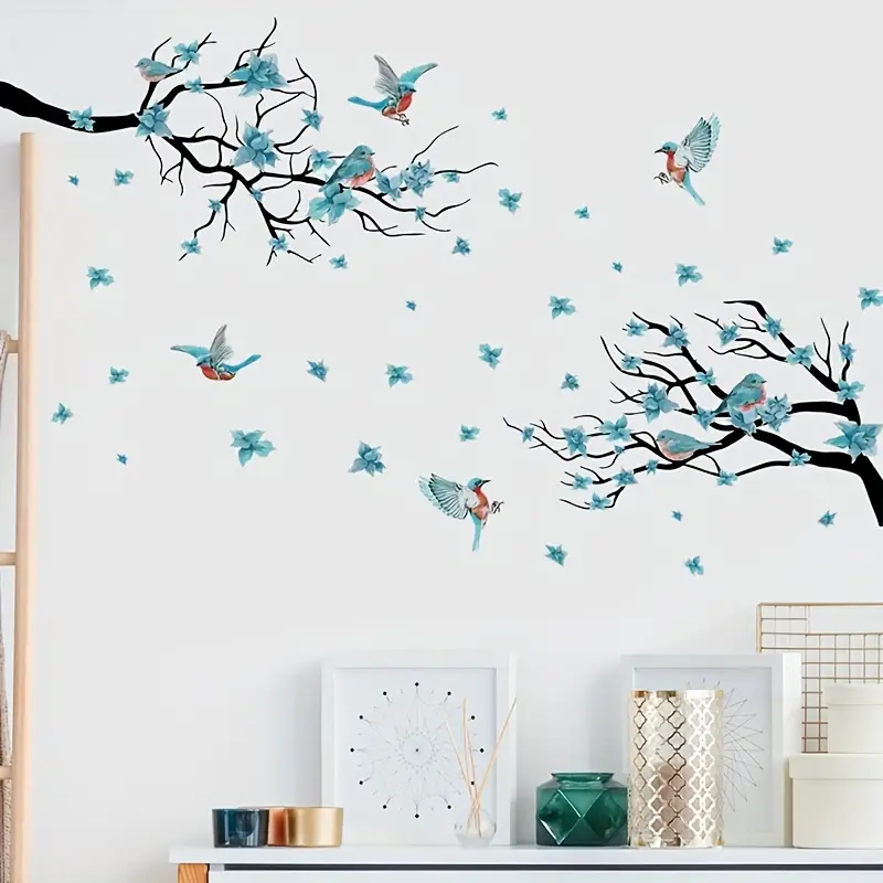 Oiseaux Bleus Sur Branche D'arbre Stickers Muraux Fleur - Temu Belgium