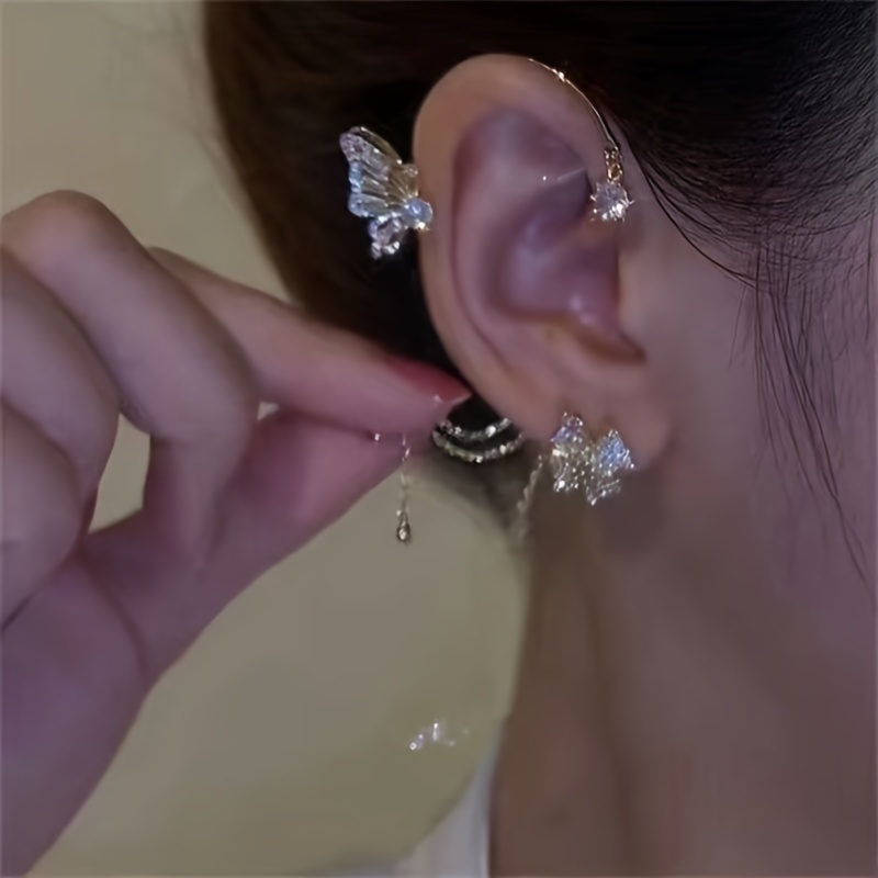 Butterfly Stud Earrings with Hollow Chain Set