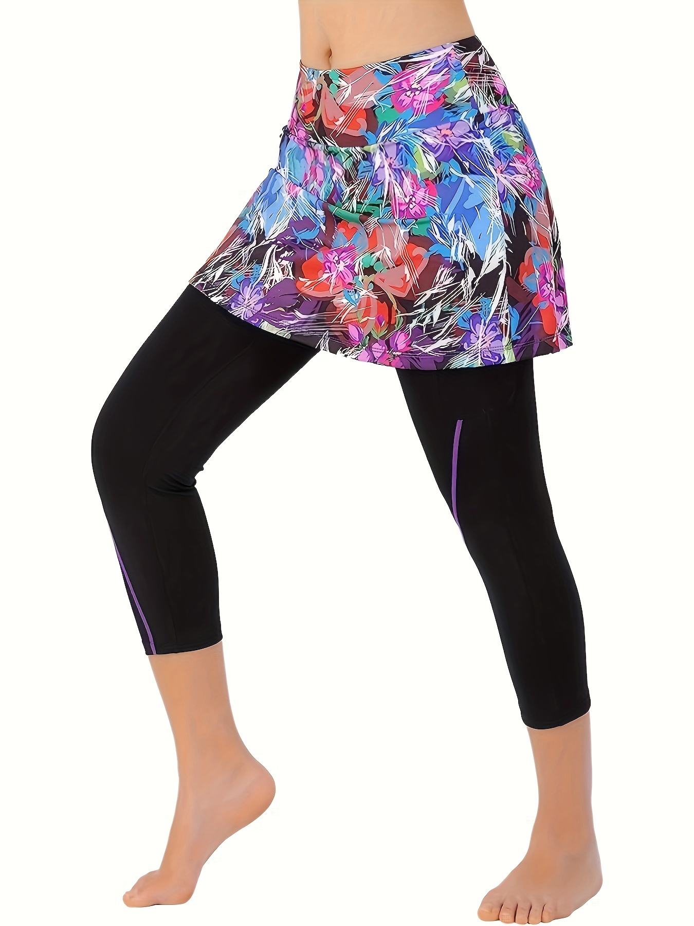 Plus Size Sports Skort, Women's Plus Floral Print Wide Waistband High  Stretch Sports Skirt Leggings