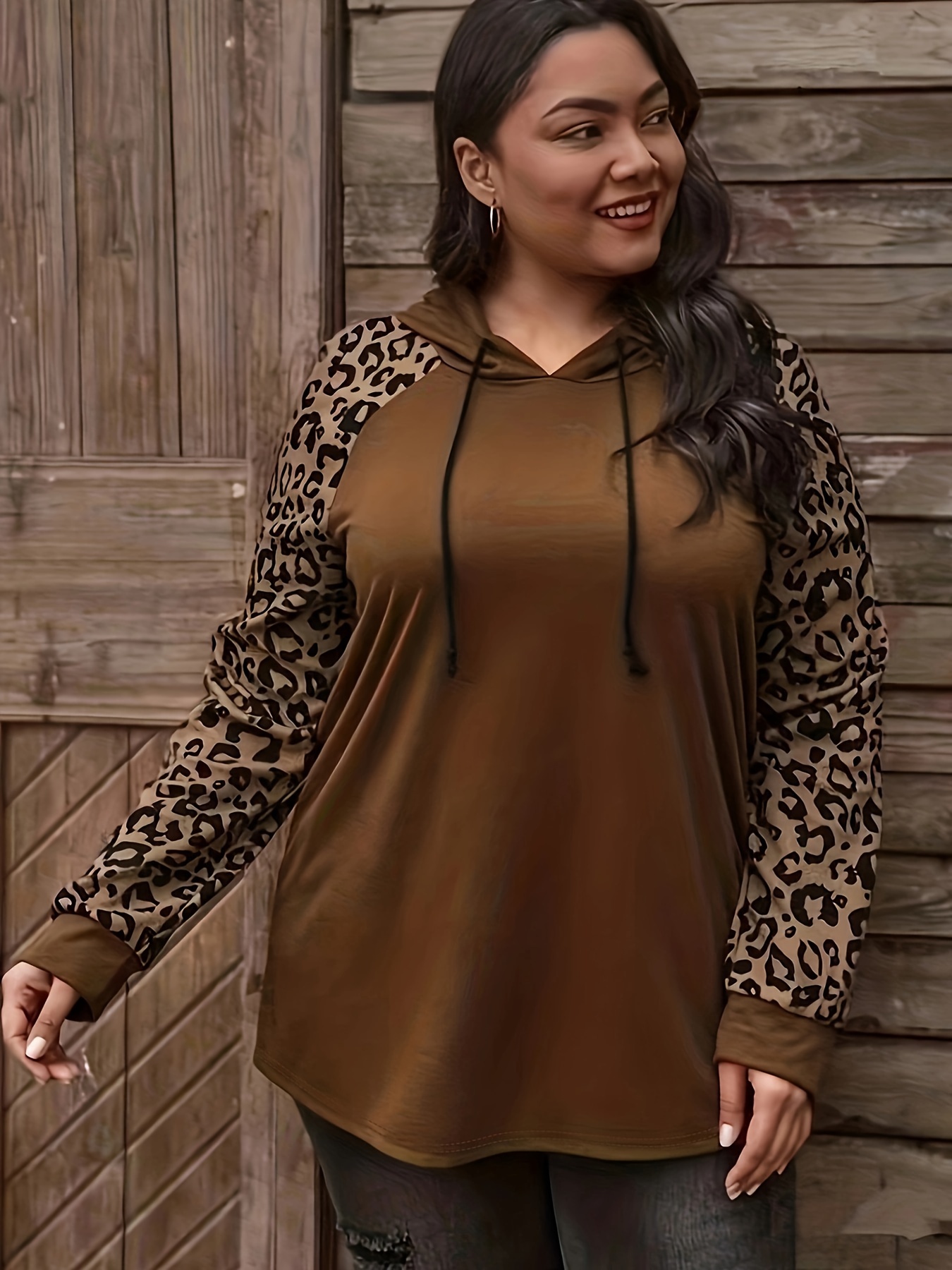 Plus Size Casual Sweatshirt Women's Plus Colorblock Leopard - Temu