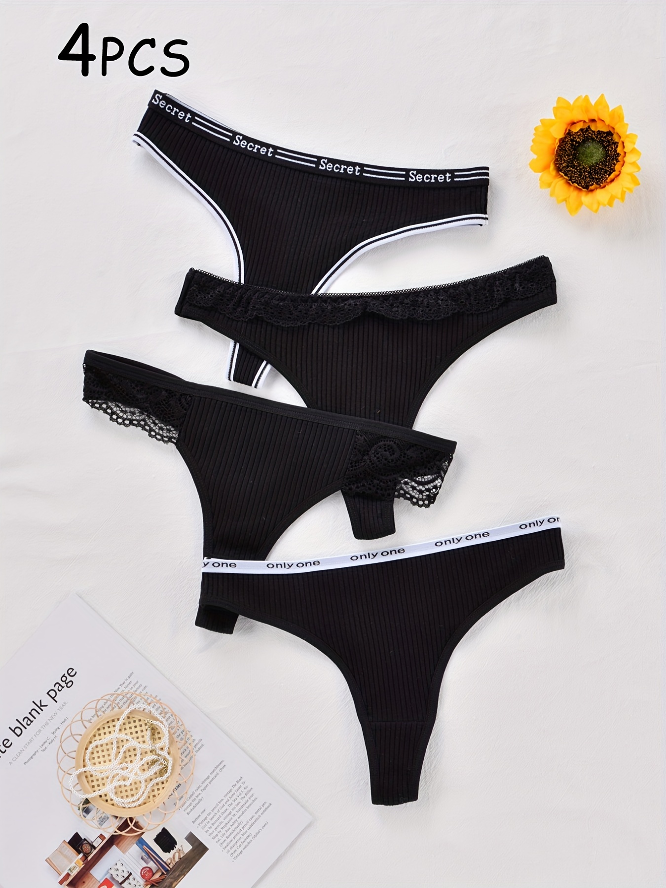 Contrast Lace Thongs Soft Comfy Letter Tape Ribbed Panties - Temu
