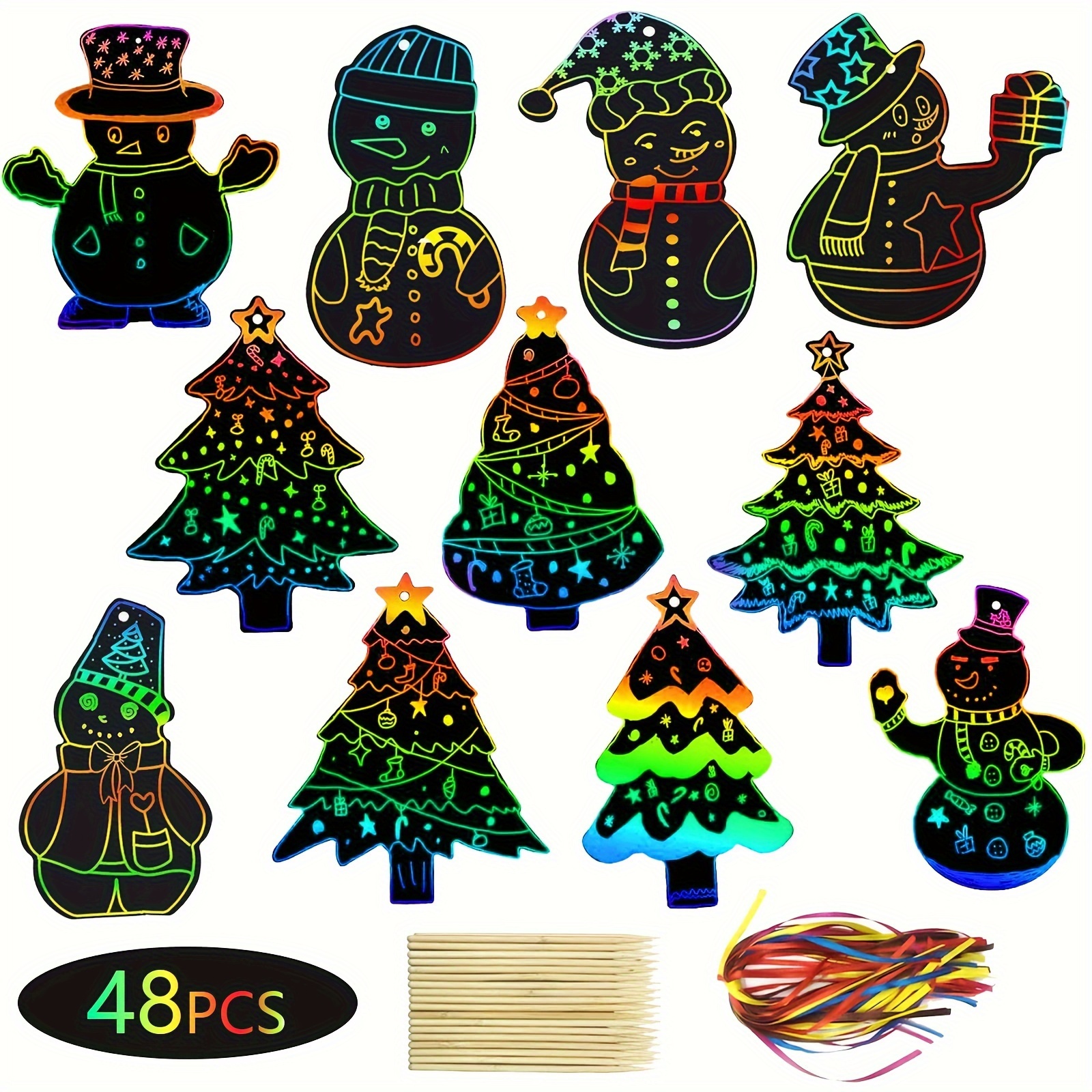 

48pcs Rainbow Scratch Colorful Christmas Ornaments, Magic Scratch Off Cards With 48pcs Ribbons & 24pcs Wooden Styluses Christmas Hanging Art Crafts Party Supplies For Xmas Tree Classroom Decorations