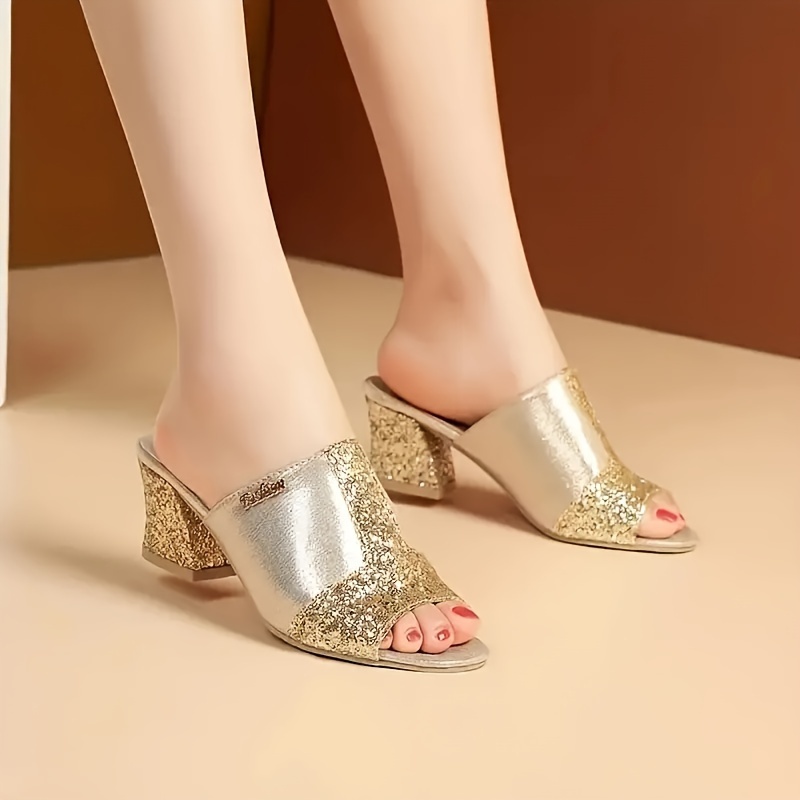 women s sequins chunky heeled sandals fashion peep toe slip