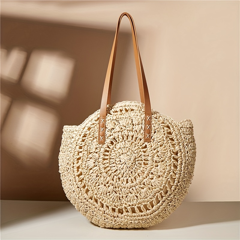 

Summer Hollow Design Round Straw Bag, Minimalist Woven Women's Shoulder Bag, Beach Bag