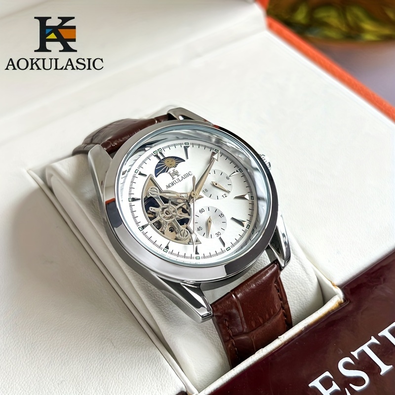 

Aokulasic Men's Fully Automatic Mechanical Watch, Semi Hollow Design Dial, Pointer With Lunar Phase Waterproof Watch