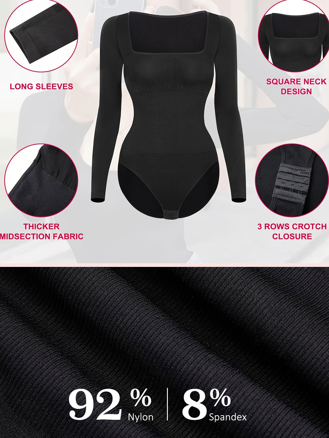 Long Sleeve Shaping Bodysuit Square Neck Tummy Control - Temu