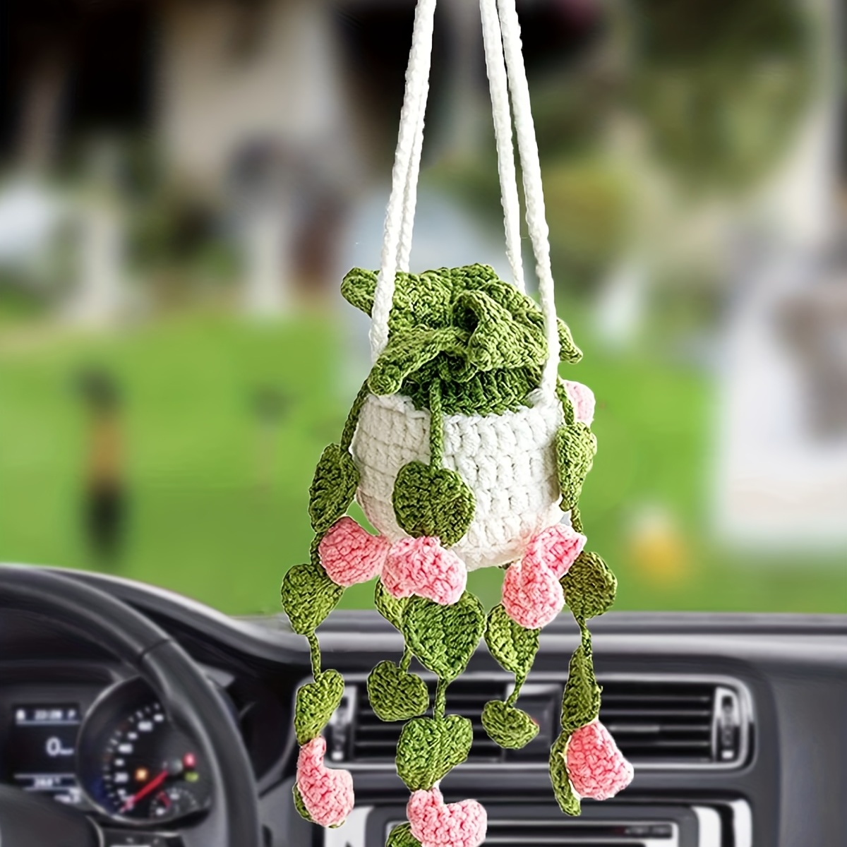 Cute Plant Crochet Rearview Mirror Accessories Pure Handmade - Temu