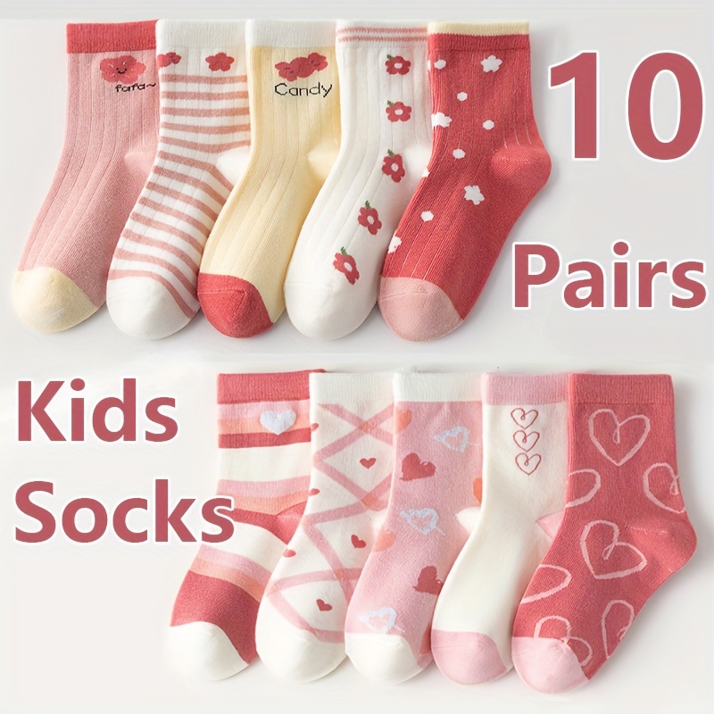 

10 Pairs Girl's Cartoon Love Heart Pattern Knitted Socks, Comfy Breathable Soft Crew Socks For Outdoor Wearing