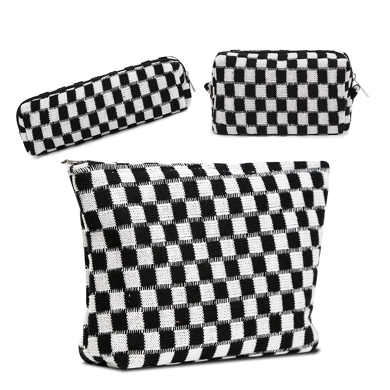 LOLDREAM Portable Checkered Makeup Bags,Large Capacity Travel Cosmetic  Bag,Large Open Lay Flat Makeup Bag Organizer,PU Leather Waterproof Toiletry  Bag