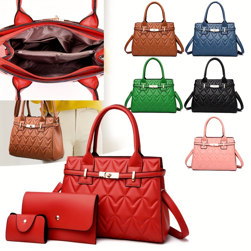 Geometric Pattern Hand Bag Set, Women's Shoulder Bag & Crossbody Bag &  Clutch Bag & Card Holder - Temu
