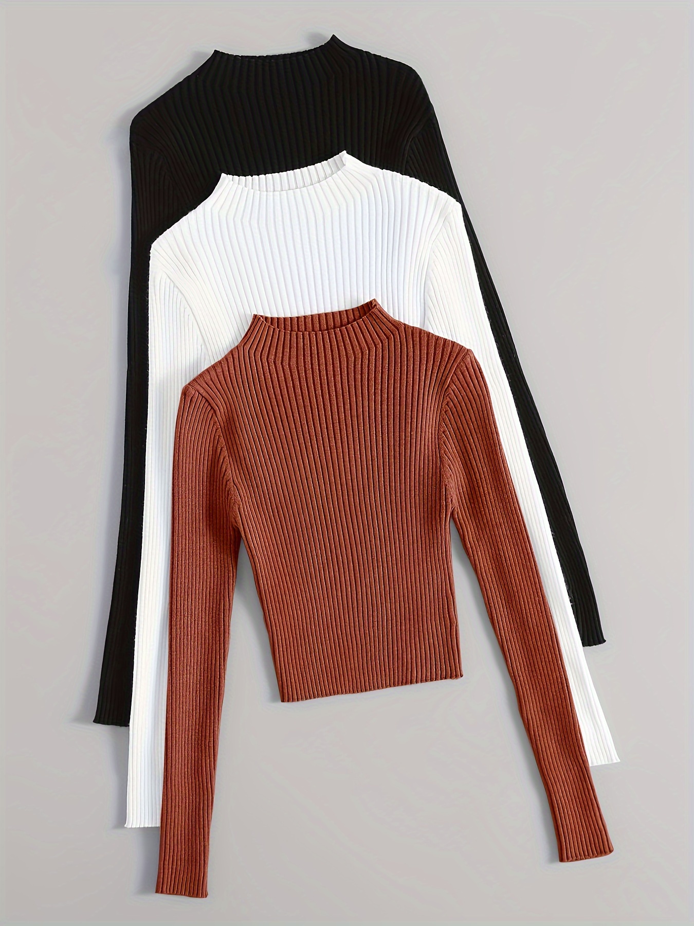 Solid Mock Neck Rib Knit Top Casual Long Sleeve Slim - Temu