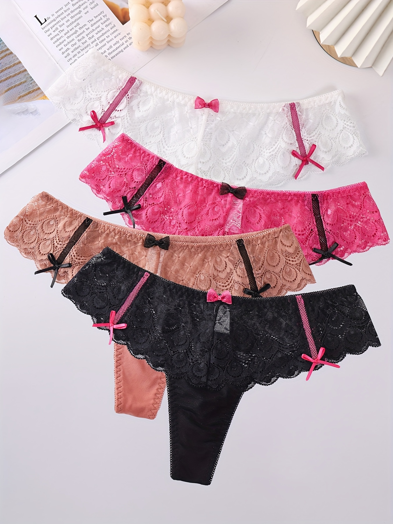 Contrast Lace Thongs Soft Comfy Scallop Trim Bow Tie Panties - Temu