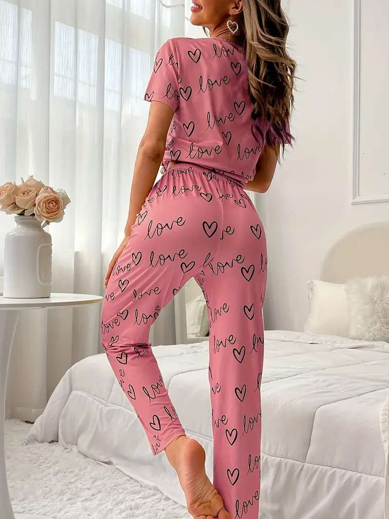 Cozy Pajamas Set Love Hearts Printed Short Sleeve Top - Temu Canada