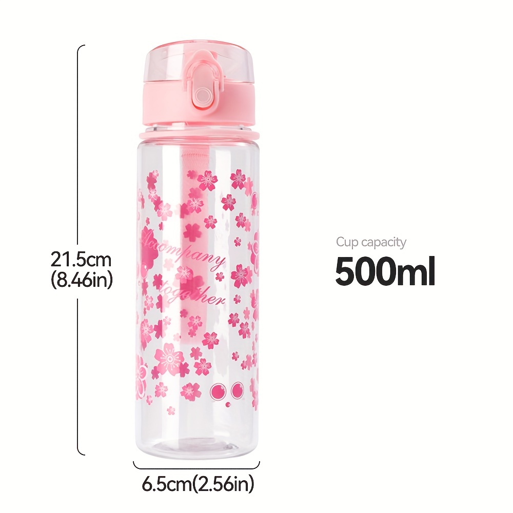 1pc 17oz/500ml Pink Flower Pattern Water Bottle, Simple Transparent Plastic  Water Cup With Handle, Portable Leakproof For Outdoor Fitness, Sports And