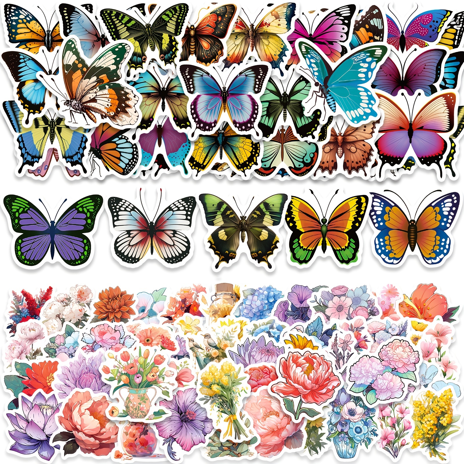 50pcs Flower Butterfly Stickers: A Fun DIY Decoration for Teens & Adults -  Perfect for Mobile Phones, Computers, Walls, Skateboards & More!