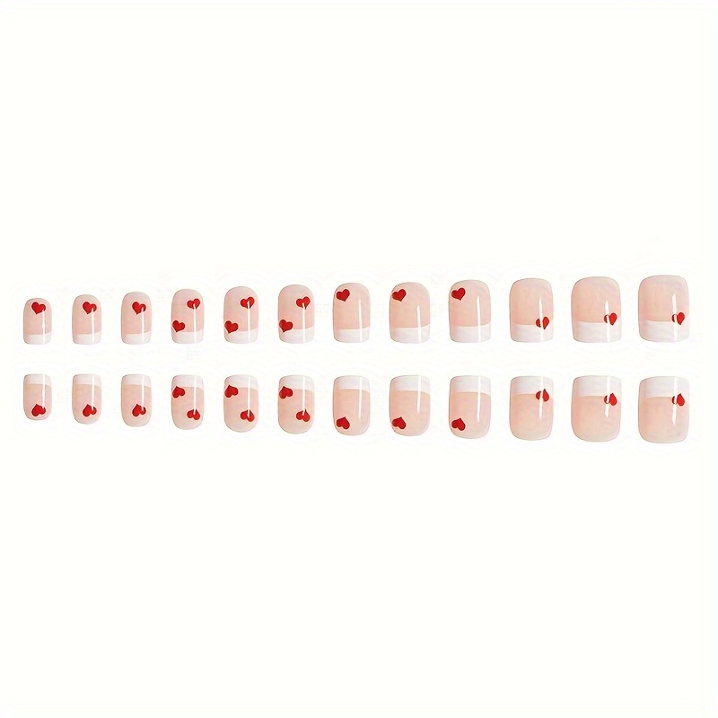 24pcs set glossy red love press on nails short square ballerina on nails white french fake nails glossy full cover false nails acrylic stick on nails for women girls details 3