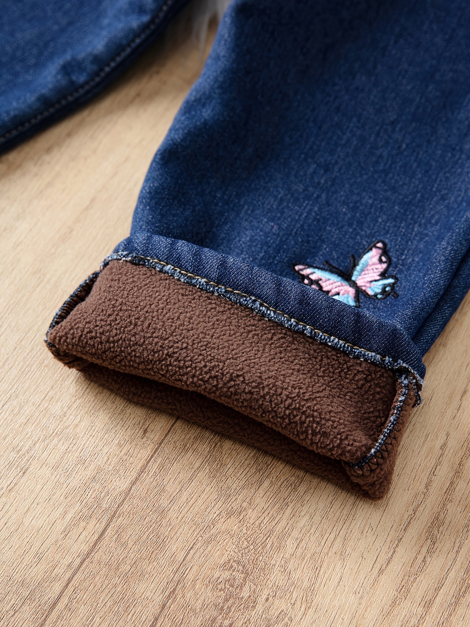 Girls Cute Exquisite Butterfly Embroidery Thermal Fleece Warm Jeans, Denim  Pants For Fall Winter, Girls Clothes