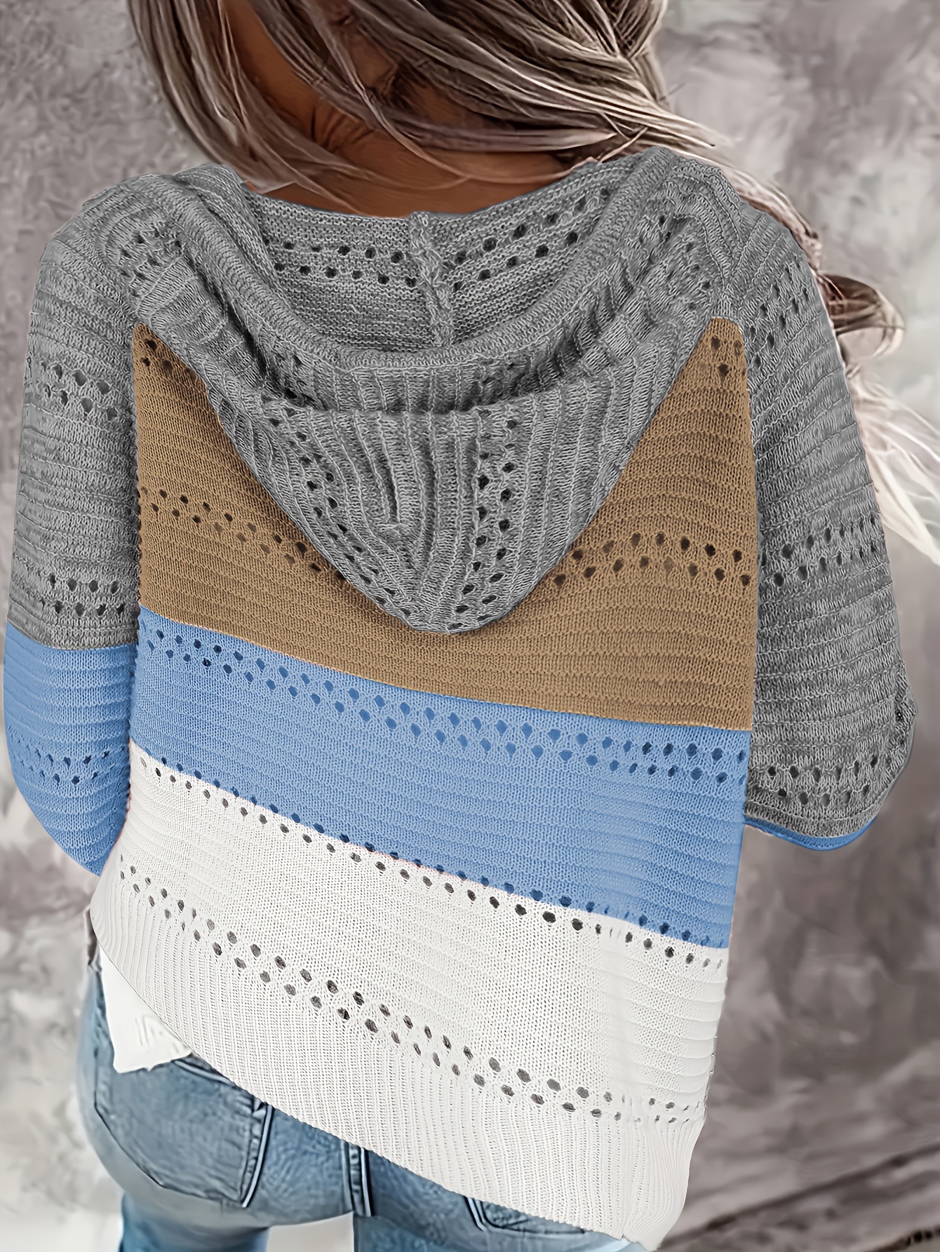 Color Block Hooded Knit Sweater Casual V Neck Long Sleeve Temu