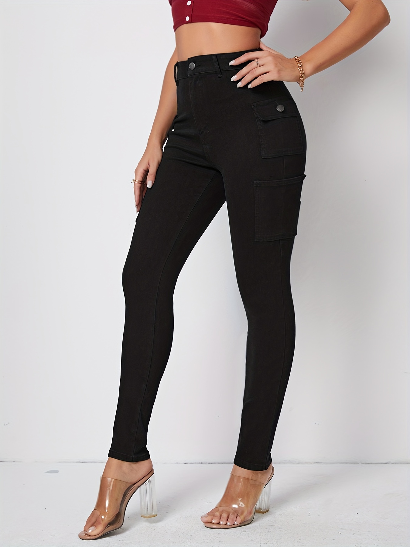 Black Flap Pockets Straight Jeans Loose Fit Non stretch High