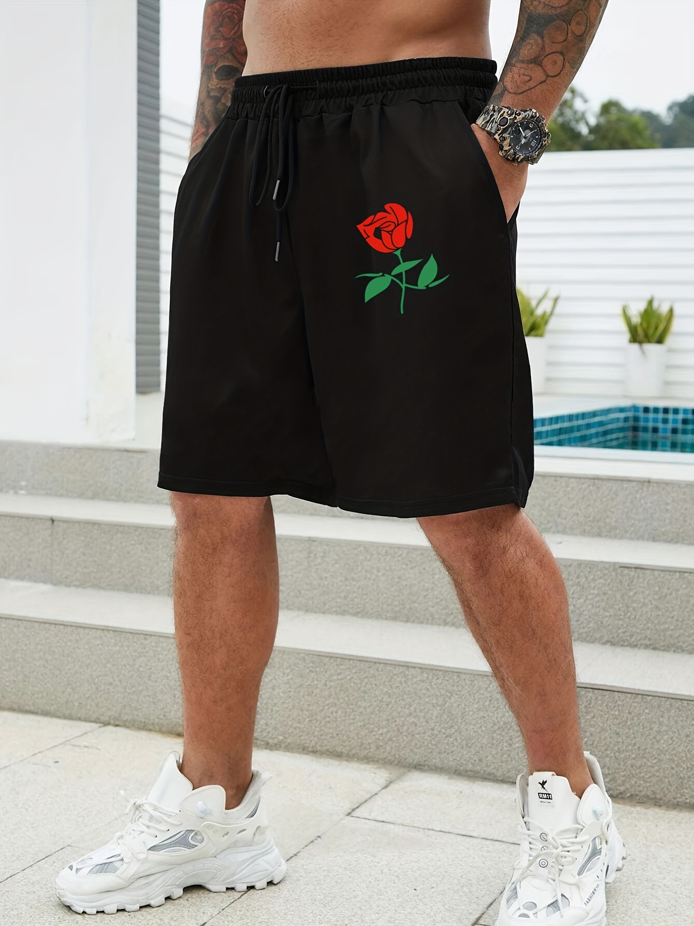 Rose Pattern Casual Stretch Graphic Drawstring Shorts - Temu United Arab  Emirates