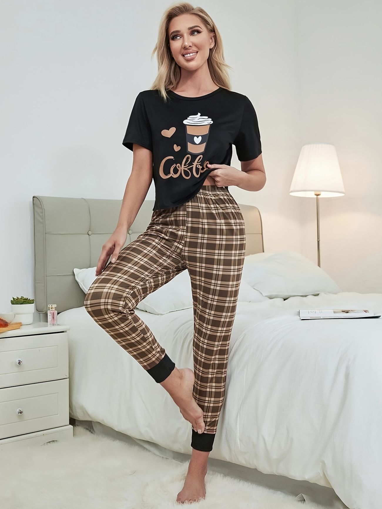 Conjunto De Pijama Con Estampado De Té De La Leche De Dibujos Animados  Camiseta Informal De