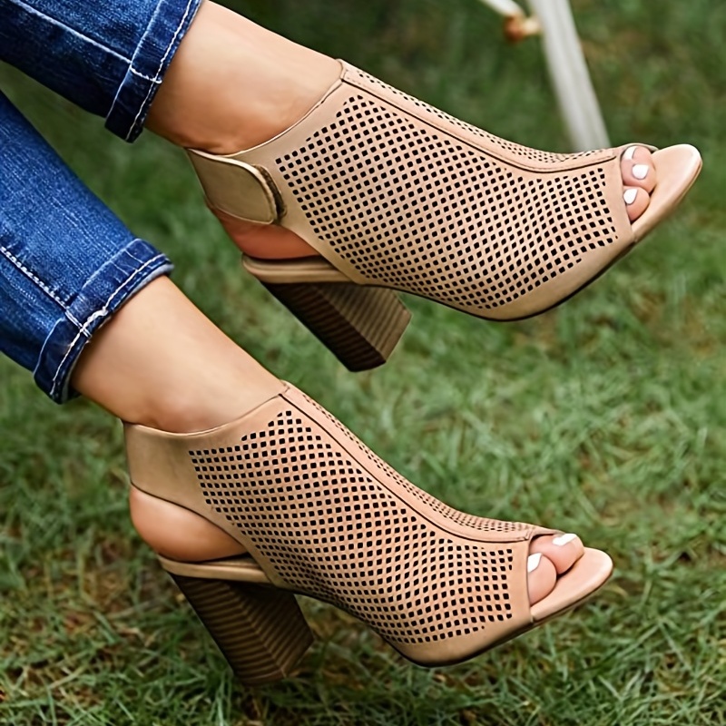 Women's Peep Toe Block Heels Perforated Solid Color - Temu Canada