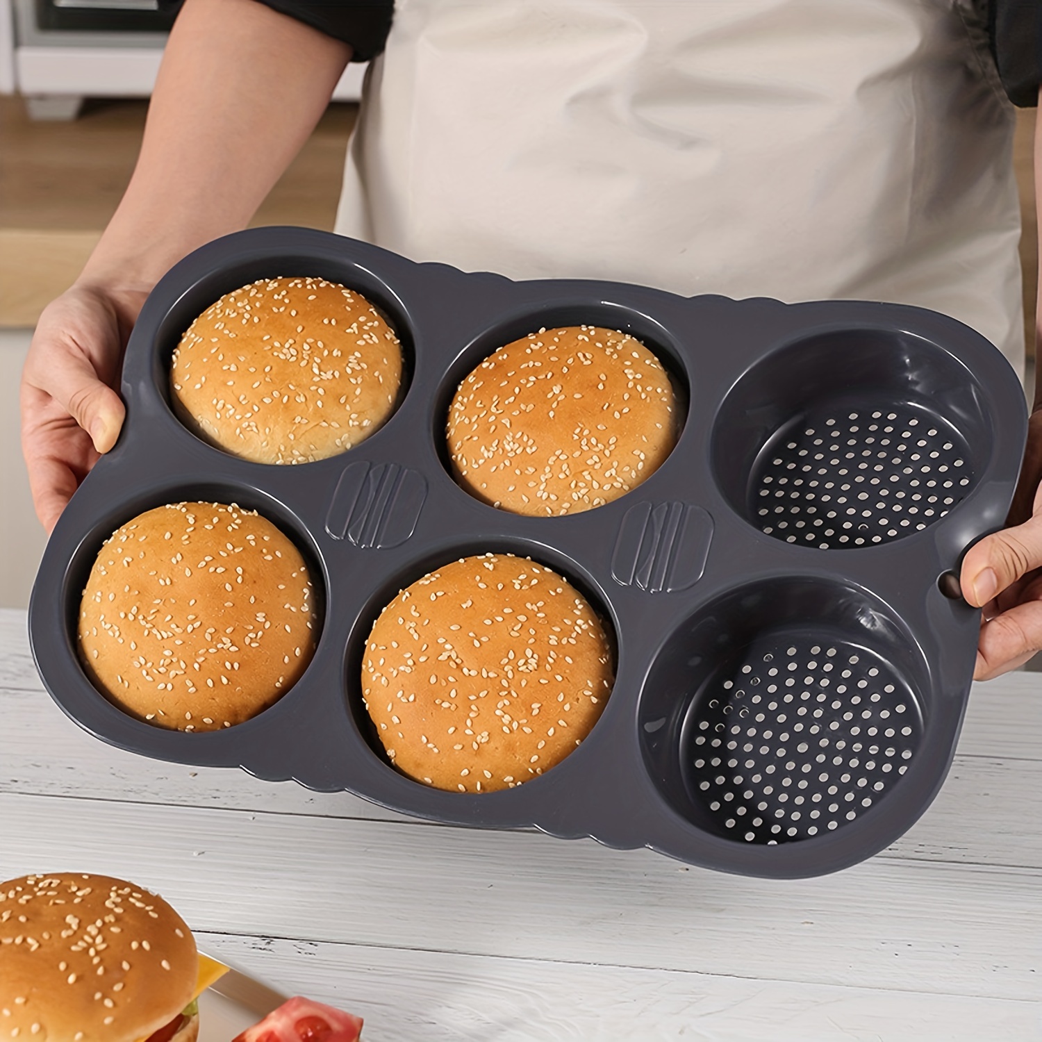 8 Holes Hamburger Bun Pans for Baking Mesh Silicone Bread Pans for Baking  Non Stick Perforated Baking black