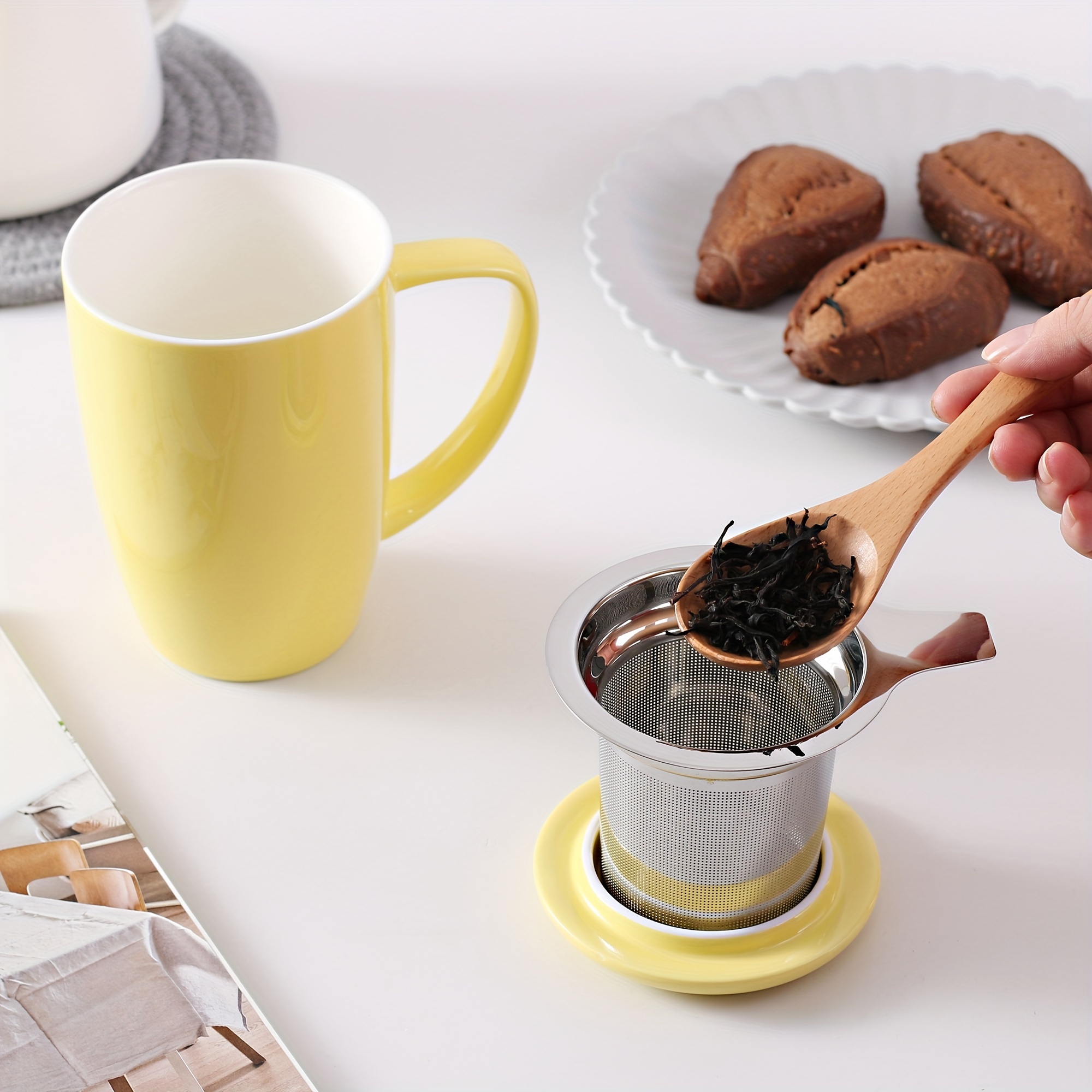 Taza de cerámica para té con filtro de acero inoxidable y tapa