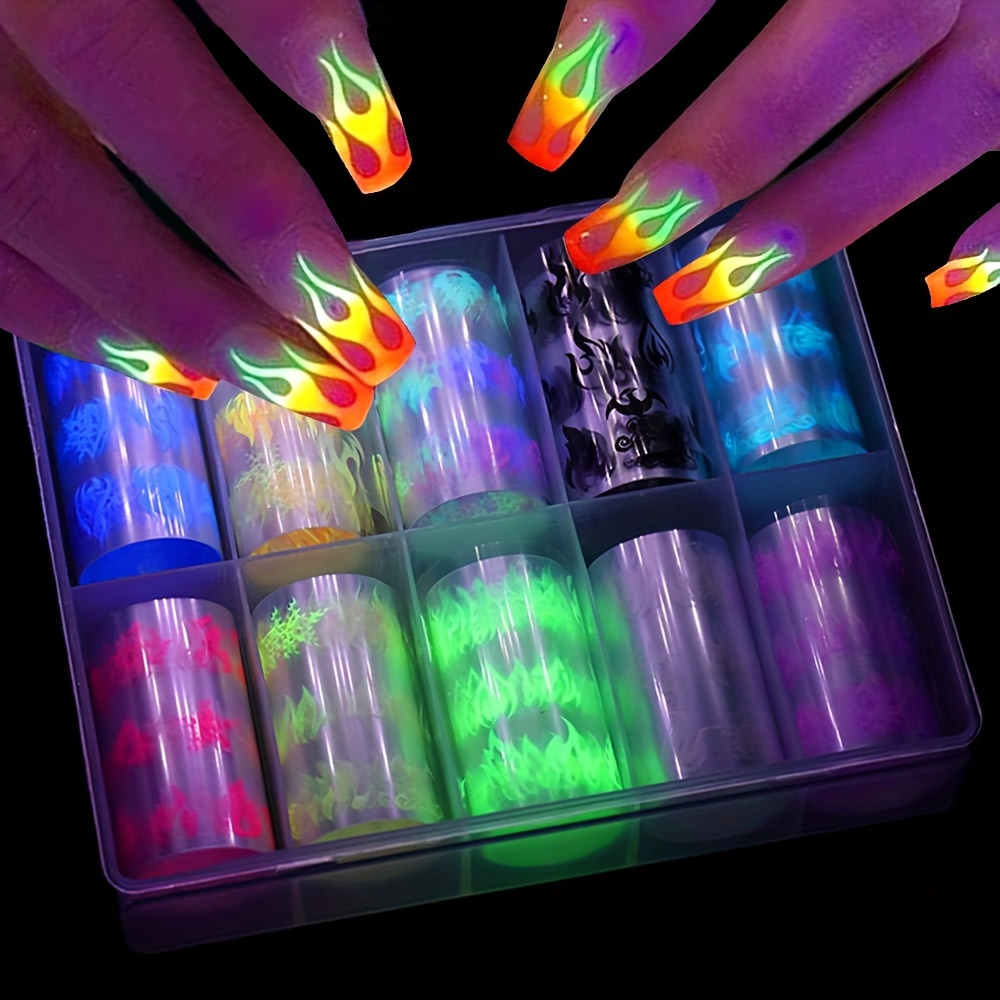 

10 Rolls Luminous Flame Design Nail Art Foil Transfer Stickers, Nail Foil Decals For Party Decoration