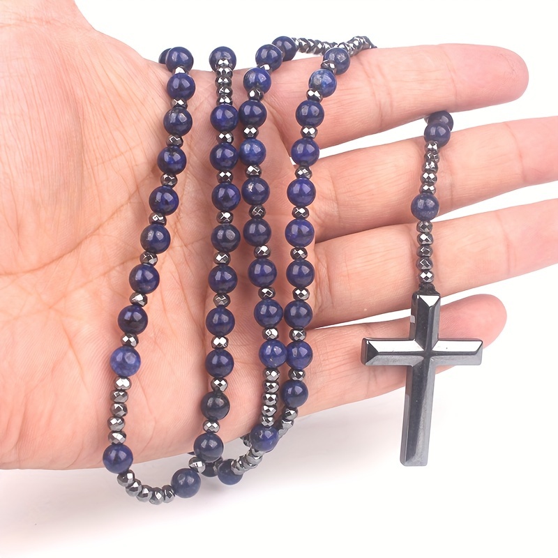 Men's Natural Stone Tiger Eye Lapis Glitter Bead Cross Pendant Necklace