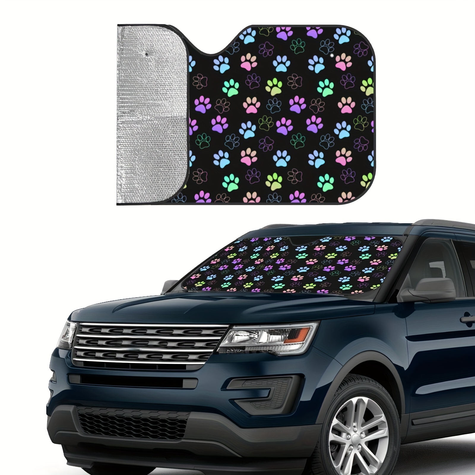 Car Windshield Front Sunshade Cute Colorful Paw Print Aluminum Film Sun  Visor Sunscreen Foldable For Car Accessories 27.5x51in