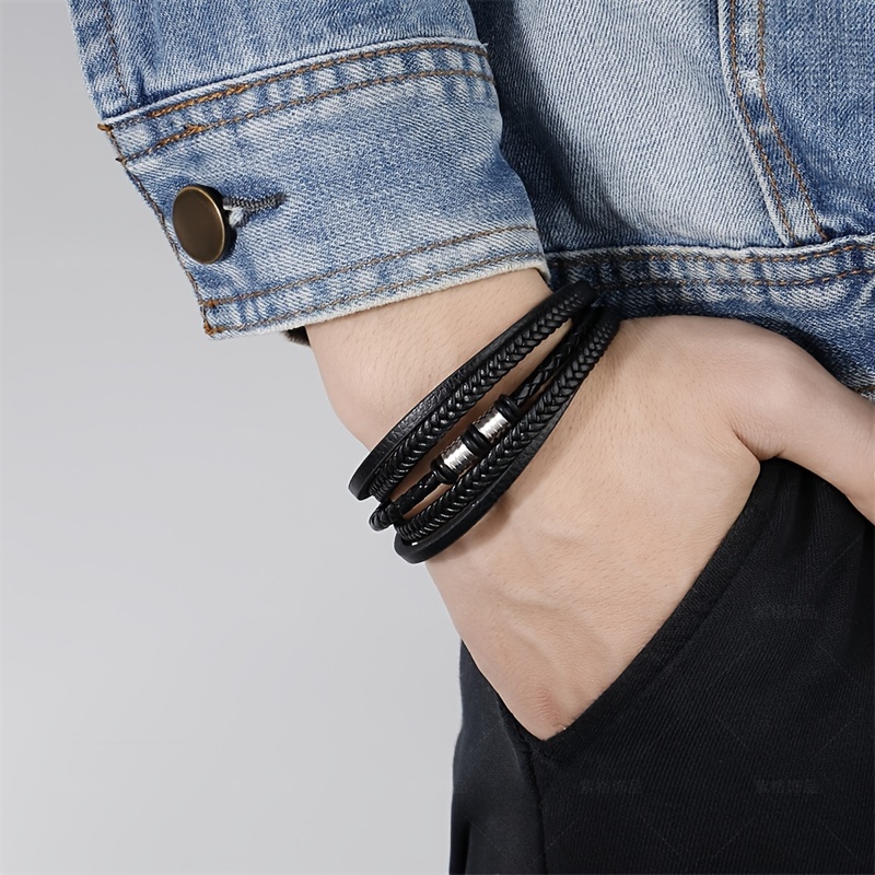 Fashion Multilayer Leather Bracelet Men Stainless Steel Clasp
