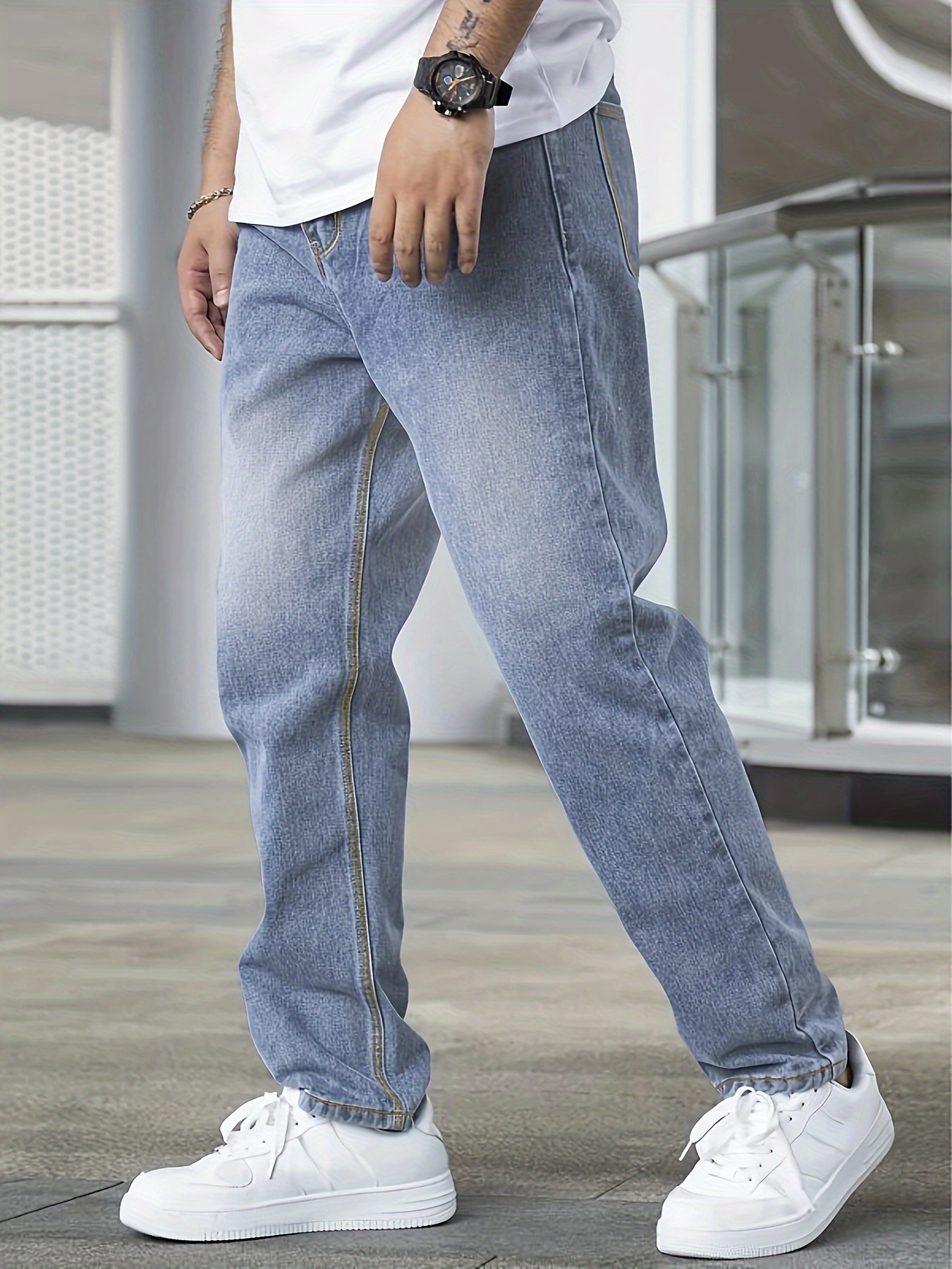 Calça Jeans De Corte Reto Com Design Clássico, Jeans Masculino Casual  Estilo De Rua