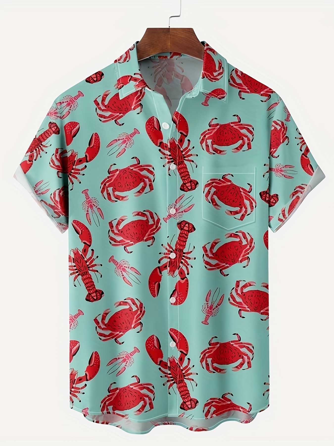Print Lapel Neck Short Sleeve Shirt, Men's Pocket Slight Stretch Casual Summer Lobster Shirt Vacation Resort Tops For Men