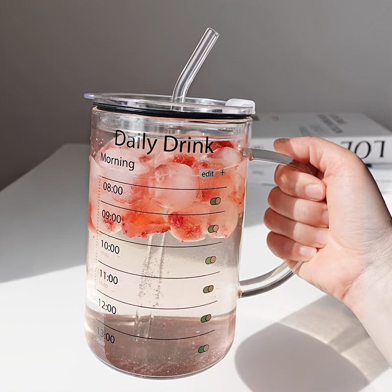 

1pc Large Capacity 1000ml Glass Cup With Handle, Drinking Cup With Time Scale And Lid, Transparent Tea Cup, Water Cup, Drinkware For Restaurants, Cafes Eid Al-adha Mubarak