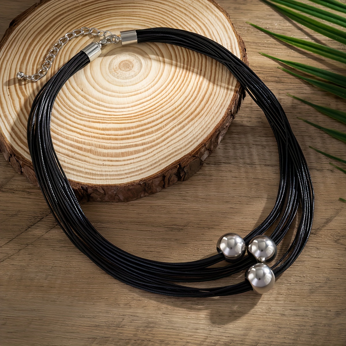 1pc handcrafted black wax thread beaded necklace - vintage-inspired multilayer design with metallic spherical accent, ideal for parties & banquets details 0