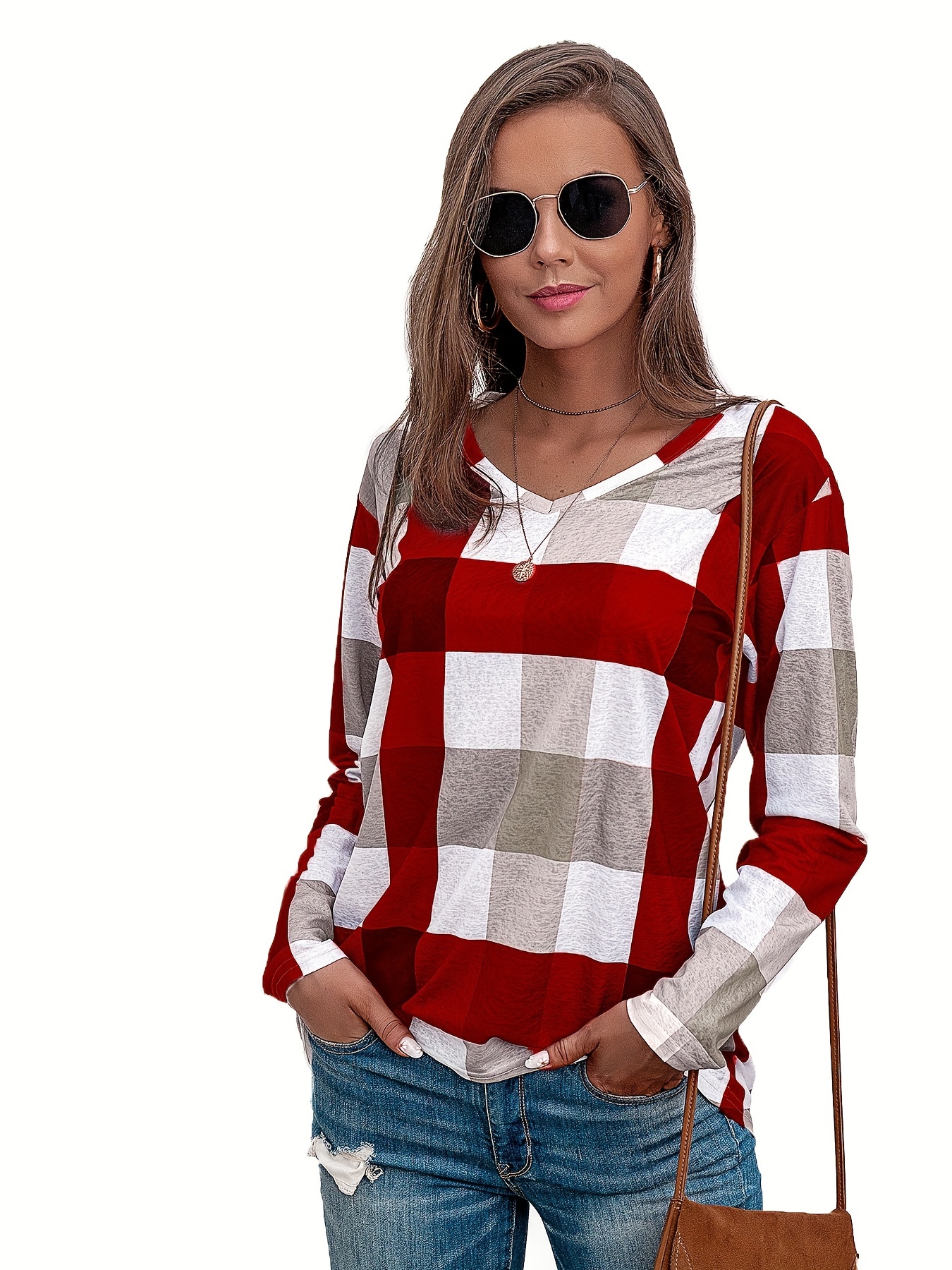 Plaid Print Deep V Neck Long Sleeve T-shirt, Casual Autumn & Winter Stylish  T-shirt, Women's Clothing