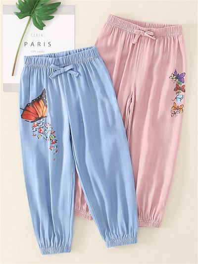 2pcs girls cute butterfly print elastic waist sports pants clothes