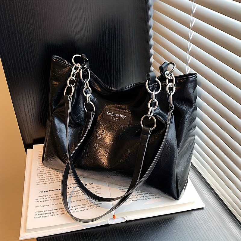PRADA Black Leather silver chains Cervo Lux Bag