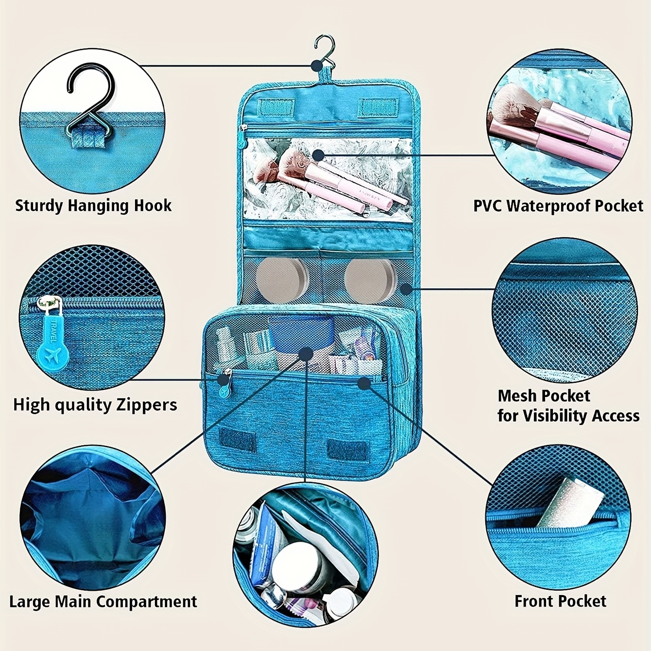 Foldable 5 Pocket Polyester Toiletry Cosmetic Hanging Storage Bag