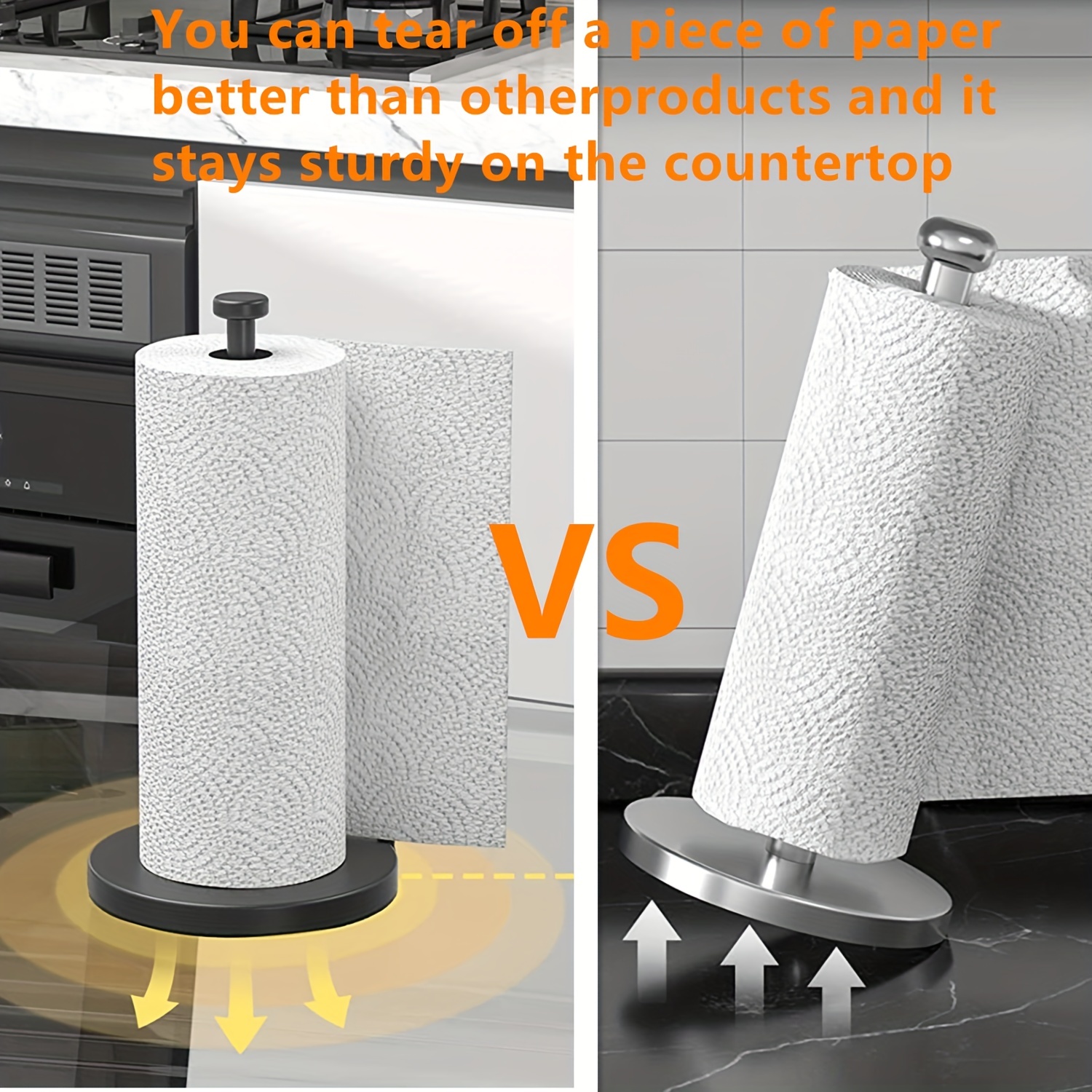  Black Paper Towel Holder, Stainless Steel Paper Towel Holder  Countertop with Suction Cups, Paper Towel Stand with Ratchet System for Kitchen  Bathroom