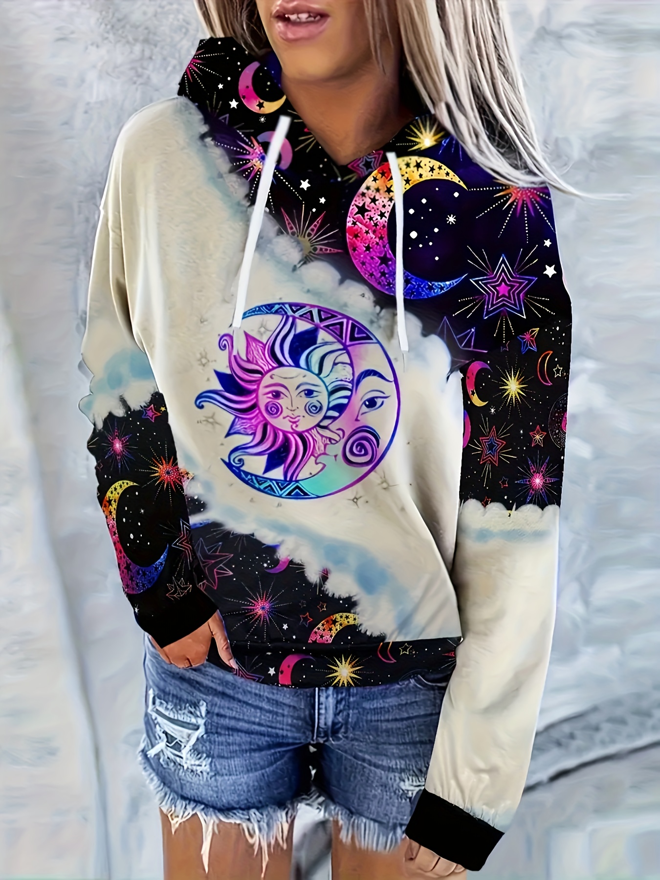 Drawstring hooded galaxy color block 3d printed long sleeve hoodie clearance sweatshirt