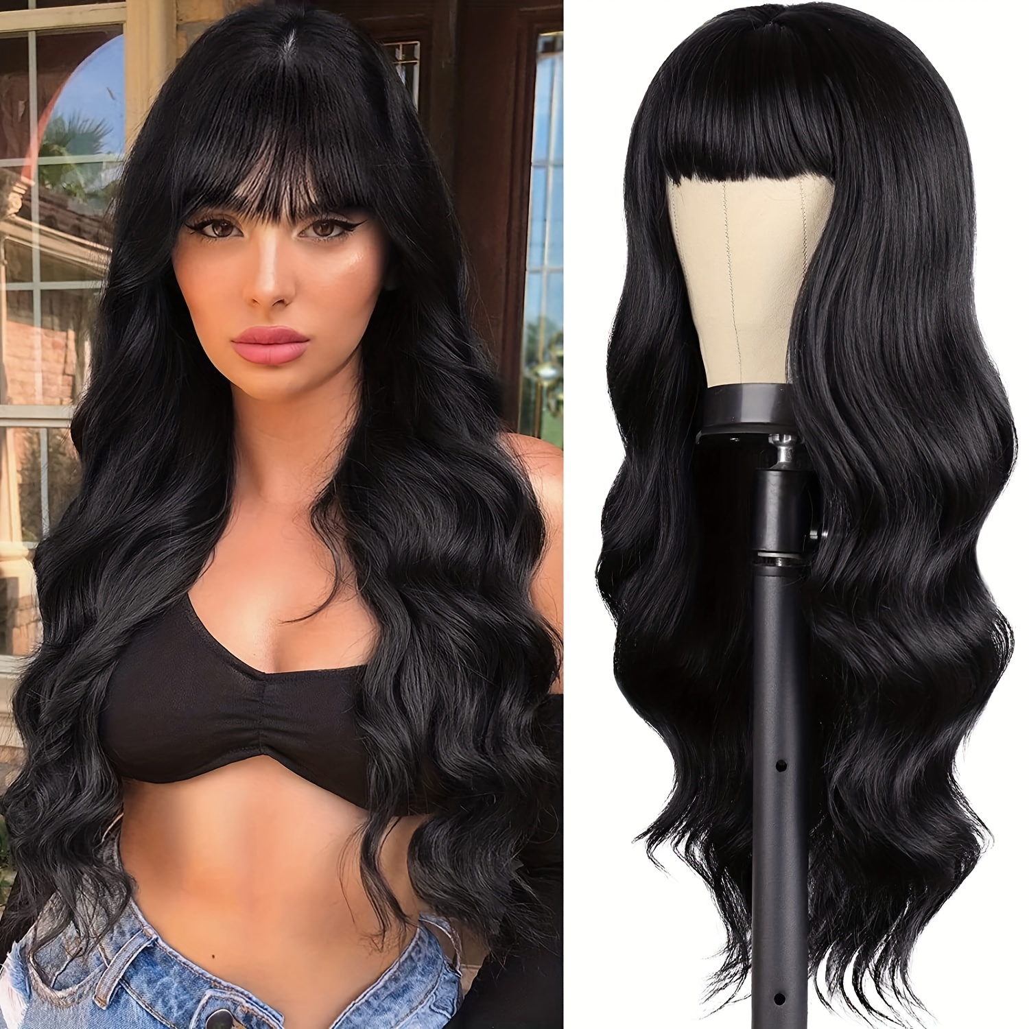 Long Body Wave Wig Bangs Heat Resistant Synthetic Curly Wig Temu